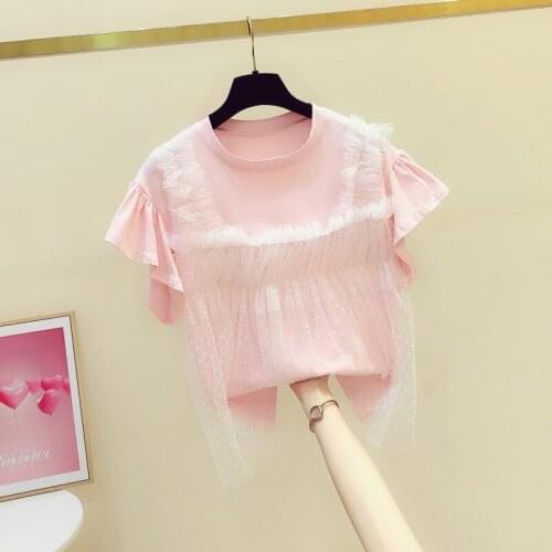 Pink T Shirt Women 2021 Summer New Fashion Sweet Dot Mesh Ruffled Stitching Flying Sleeves T-shirts Ladies Casual Tops Tees