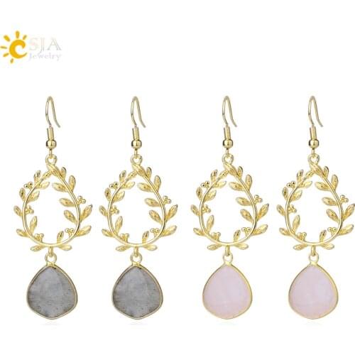 CSJA Natural Pink Stone Water Drop Earrings for Girl Gold-Color Labradorite Pink Crystal Quartz Boho Korean Earring Jewelry F859