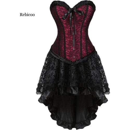 Womens Gothic Corset Dress Vintage 2 Piece Set Bodyshaper Steampunk Bustier Dress Victorian Cosplay Costume Lace Party Dress