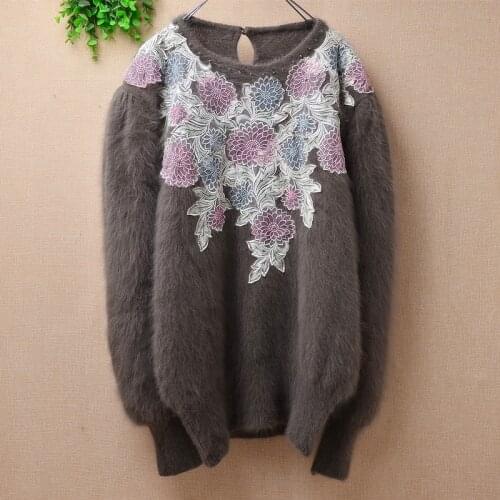 Female women clothing vintage flower beaded angora rabbit fur knitted long sleeves loose pullover autumn winter jumper sweater