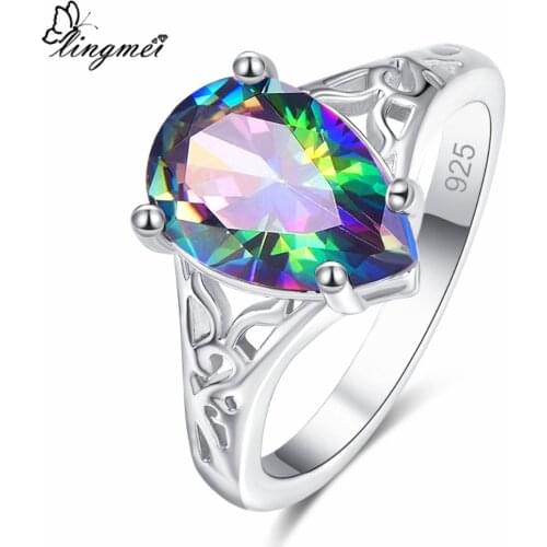 Lingmei Hot Sell New Arrival Charm Water Drop Multi & Purple CZ Silver Color Ring Size 6 7 8 9 Luxury Fashion Women Jewelry