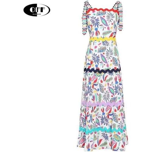 Designer Summer Vintage Colors Floral Printed Women Long Dress Spaghetti Strap High Waist Slim Elegant Beach Boho Party Dresses