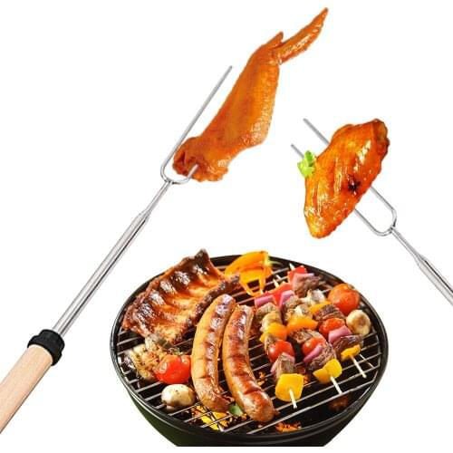 1PC Stainless Steel Barbecue Fork Adjustable Wooden Handle BBQ Marshmallow Roasting Stick Extending Roaster Telescoping BBQ Tool
