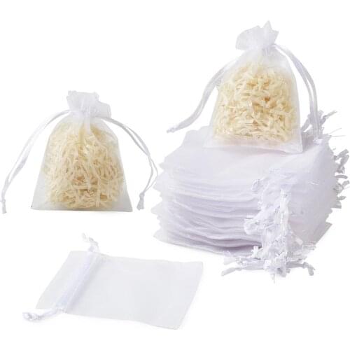 100Pcs High Dense Rectangle Organza Bags Jewelry Packaging Bags Wedding Party Decoration Drawable Bags Gift Pouches White 9x7cm