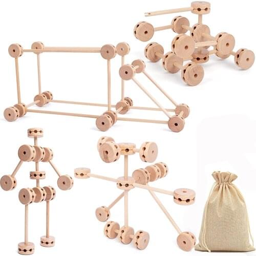 60PCS Wooden Building Blocks Toys DIY Construction Insert Model Set Kids Wood Sticks Beads Creative Educational Gift