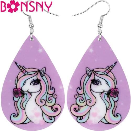 Bonsny Acrylic Teardrop Anime Rose Unicorn Horse Earrings Drop Dangle Jewelry For Women Girls Teens Kids Charms Gift Accessories