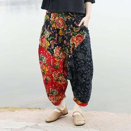 Cotton Linen Womens Spring Trousers Printing Patchwork Harem Pants Pannelled Stitching Hip-Hop Casual Pants