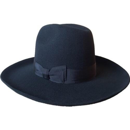 Black Israel Jewish Hat Jews Wool Hasidic Kosher Rabbi Fedora Cap + Wide Brim 10 cm