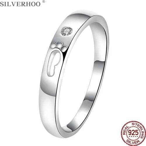 SILVERHOO 925 Sterling Silver Rings For Women With Zircon Cute Romantic Footprints Ring Party Female Fine Jewelry New Arrival