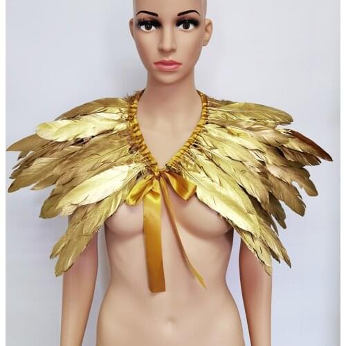 Gothic Victorian Feather Shrug Shawls Golden Feather Fake Collar Goose Feather Shoulder Wrap Cape Ribbon Trims Cosplay Party