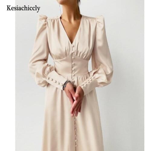 Kesiachiccly Elegant spring summer satin dress women V-neck high waist button dress Vintage bishop sleeve a-line long dress chic