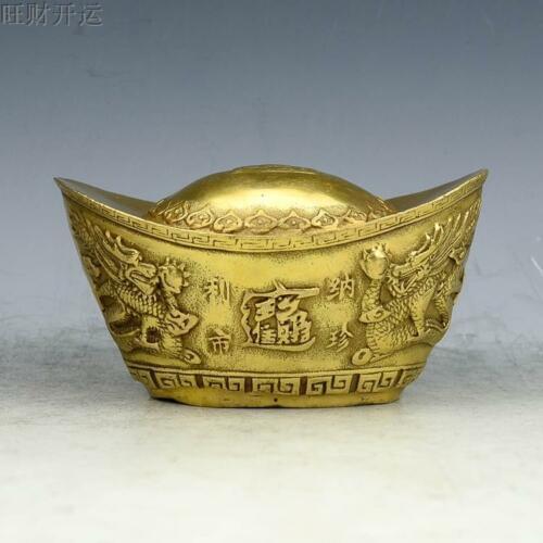 Chinese antique handmade brass statue fengshui lucky dragon & phoenix ingot