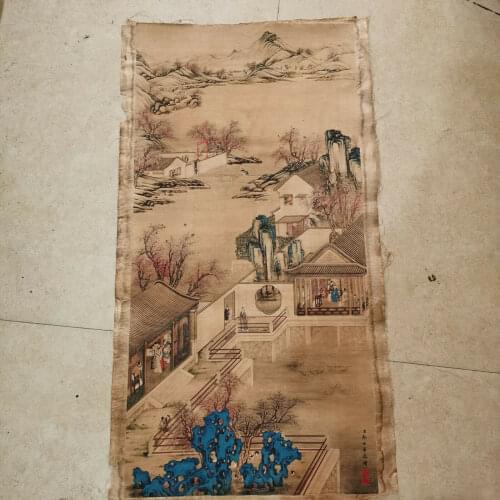 Chinese Old Scroll Langshinings landscape figure Painting Rice Paper Painting
