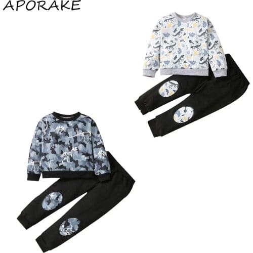 2021 0-6Y Casual Kids Baby Boy Clothing Set Dinosaur Fossil Camouflage Print Long Sleeve Round Neck Sweatshirt+Patch Harem Pants