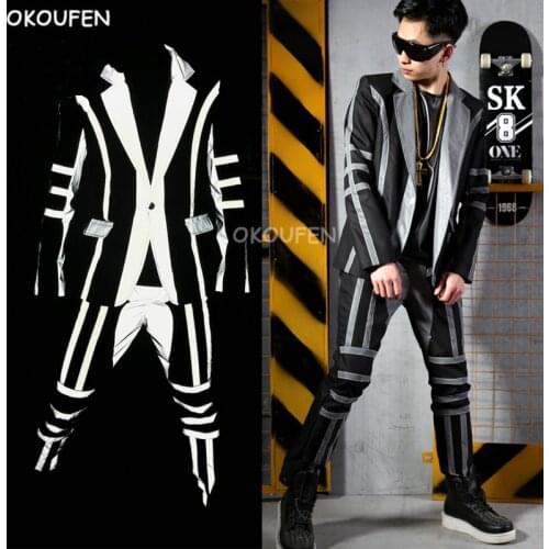 Fashion Cool Mens suits Costumes nightclub male singer DJ reflective coat hairdresser stage costume