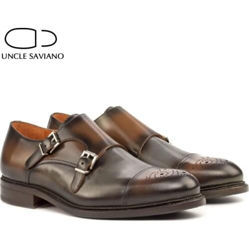 Uncle Saviano Double Monk Brown Buckle Strap Mens Shoes Fashion Solid Designer Luxury Genuine Leather Handmade Shoes for Men