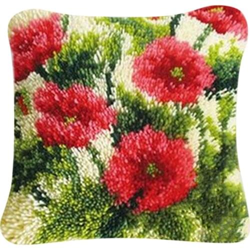 Red Flower Latch Hook Kit DIY Embroidery Crocheting for Pillow Cover Sofa Cushion Cover Making 40x40cm