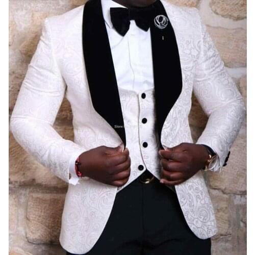 Fitted Black White Jacquard Men Suits For Wedding Peaked Lapel Single Breasted Button Groom Tuxedos Best Man Jacket Pants Vest