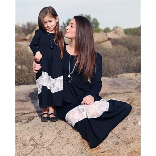 Family Matching Outfits Summer New Lace Stitching Skirt Mother Long Sleeved Dress Parent Child Wear Girl Mommy Daughter Clothing