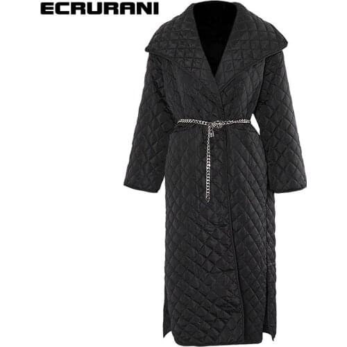 ECRURANI Thick Cotton Coat For Women Lapel Long Sleeve Patchwork Side Split Streetwear Black Coats Female 2021 Fashion New Style