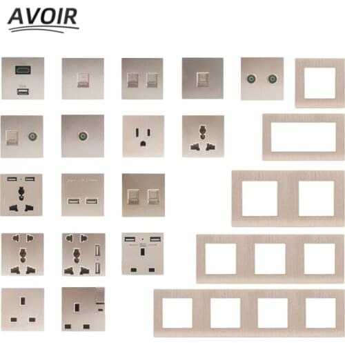 Avoir Wall Socket Electrical Sockets Outlets USB UK RJ45 Socket Plug Free DIY Module Golden Brushed Aluminum Alloy Wall Panels