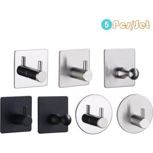5Pcs 3M Self Adhesive Hooks Sticky Wall Door Hook Robe Tea Towel Rustproof Towel Rack, 304 Stainless Steel Clothes Coat Hanger