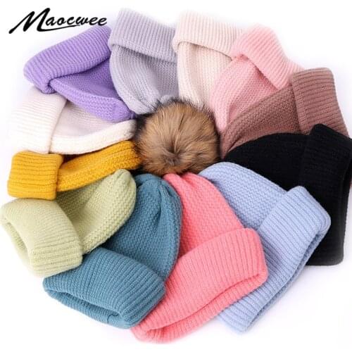 Fashion Ladies Solid Color Beanies With Real Fur Pompons Thick Winter Warm Outdoor Crochet Bonnet Knitted Hats For Women Cap