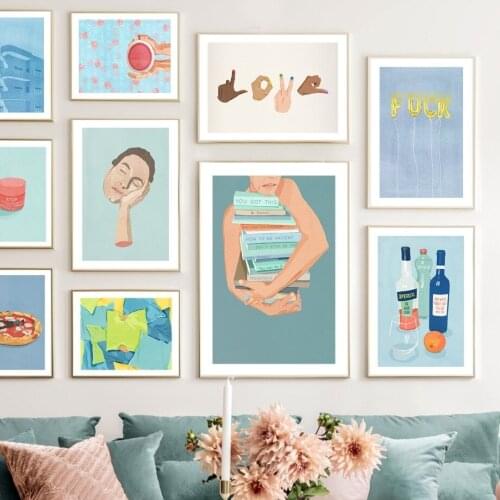 Nordic Poster Wine Bottle Cup Pizza Thinker Pillow Love Abstract Wall Art Print Canvas Painting Decor Pictures For Living Room