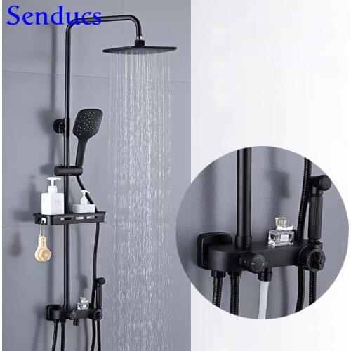 Thermostatic Shower Set Black Matte Bathroom Shower Faucet Brass Bathtub Mixer Tap Luxury Black Bronze Bath Shower Set