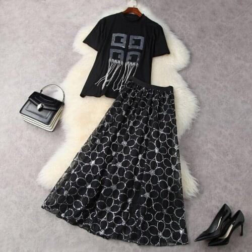 Spring 2021 Short-sleeved Studded Beaded Tassel T-shirt Sequined Floral Skirt Suits European and American Womens Wear