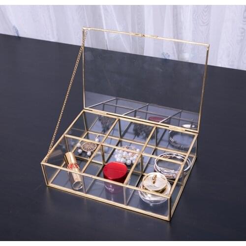 Vintage Old Copper Classic Square Six-Frame Glass Jewelry Box European Jewelry Accessories Cosmetics Storage Box 23*16*6CM