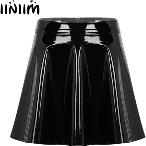 Womens Wetlook Mini Clubwear Sexy Pole Dance Costumes Leather High Waist Fashion Flared Pleated A-Line Circle Mini Skater Skirt