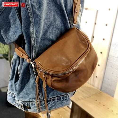 Women Bag Leather Handbags Shoulder Messenger Bag Female Tide Small Bags Retro ~ New Tassel Soft Leather Motorcycle Bags