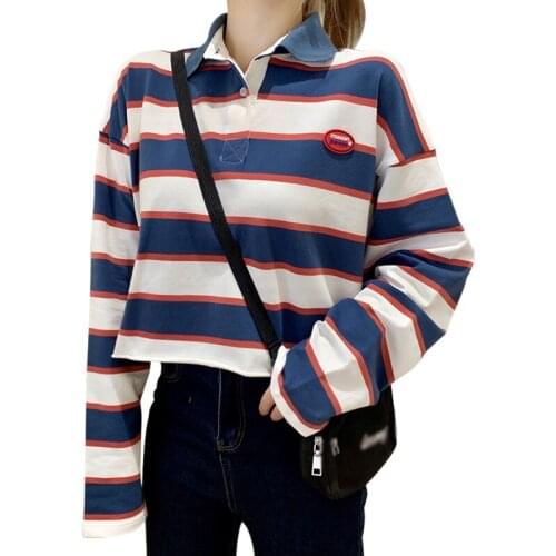 Women Autumn Tshirt Long Sleeve Striped Loose Korean Style Sweet Tee Shirt Tops
