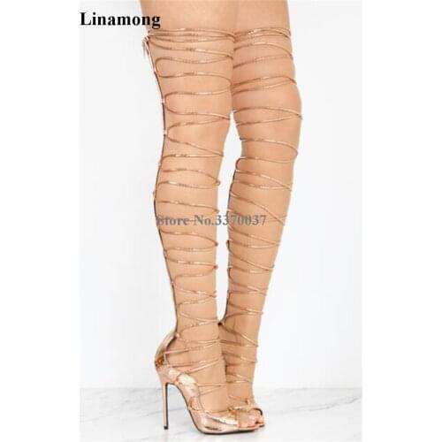 2018 New Fashion Women Open Toe Gold Black Lace-up Over Knee Gladiator Boots Straps Design Thigh High Long High Heel Sandal Boot