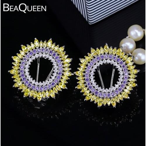 BeaQueen CZ Large Round Shape Ear Studs Earring Yellow and Purple Cubic Zirconia Crystal Women Stud Earrings Jewellery E149