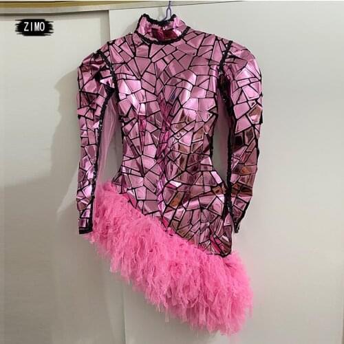Fashion Pink Sequin Party Bodycon Dress Women Puff Sleeve Sexy backless Prom Dress Latin Dance Stage Dress Club Performance Wear