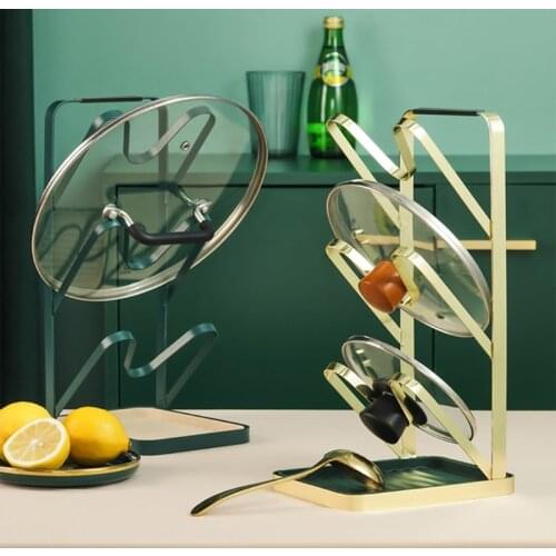 Nordic Style 3 Layer Pot Lid Holder Rack Pan Cover Stand Storage Shelf with Spoon Utensils Drain Tray Kitchen Organizer