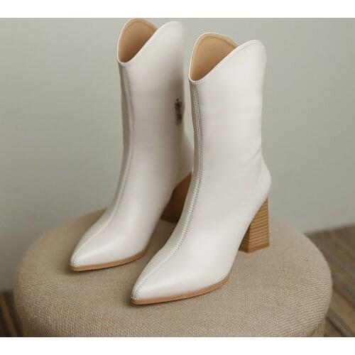 Woman Autumn Boots V Design MICROFIBER Pointed-Toe Ankle Boots Womens Pumps Shoes Chelsea Boots Chunky High Heels Western Boots