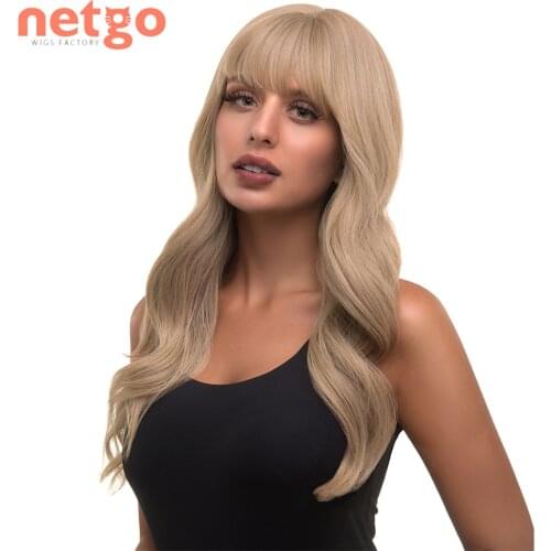 Netgo Long Wavy Black Wig Synthetic Wigs With Air Bangs Ombre Blonde Brown Wig Heat Resistant Fake Hair for Women Cosplay Daily
