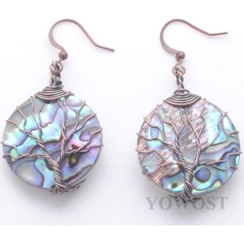 Elegant Dangle Earrings for Women Jewelry Gifts Tree of Life Round Ancient Copper Wrap Wire Abalone Shell Earring QR3475