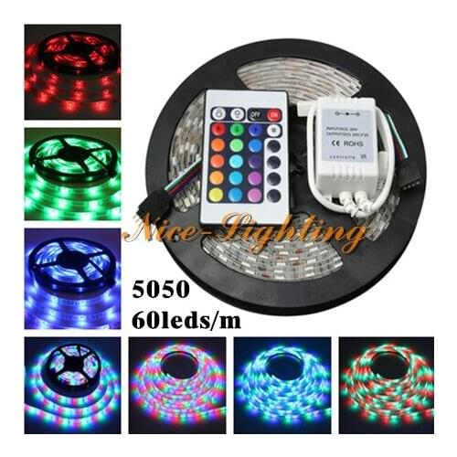 5M/roll Non-Waterproof SMD 5050 Flexible Led Strip DC 12V RGB Color Indoor Decoration Light Stripe + 24Keys IR Remote Controller