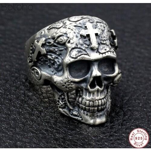 100% S925 pure silver colour skull ring man Thai silver colour mens ring handmade cross ghost head male women models domineering