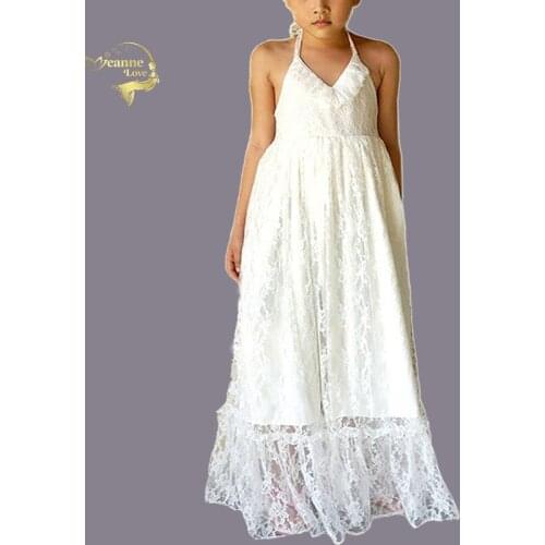 Halter Lace Kids Simple Dress Bohemia Beach Little Girls Princess Dresses Ivory Girl Wedding Flower Dress vestidos para comunion