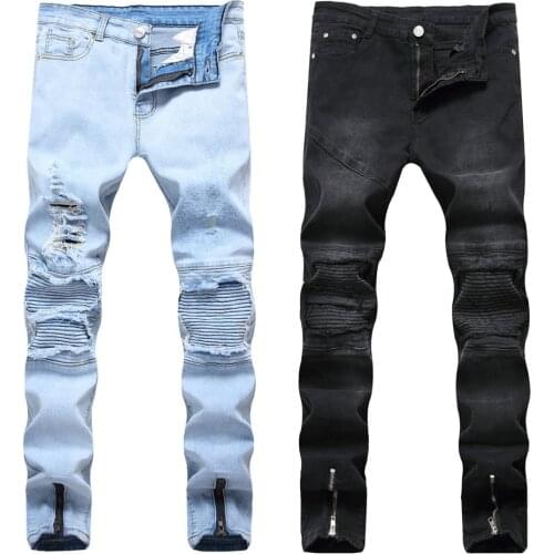 2021 Men’s Hard Washed Denim Biker Pants,Zipper Decors Slim-fit Straight Moto Jeans,Ripped Hole Beggar Jeans Pants,Youth Must