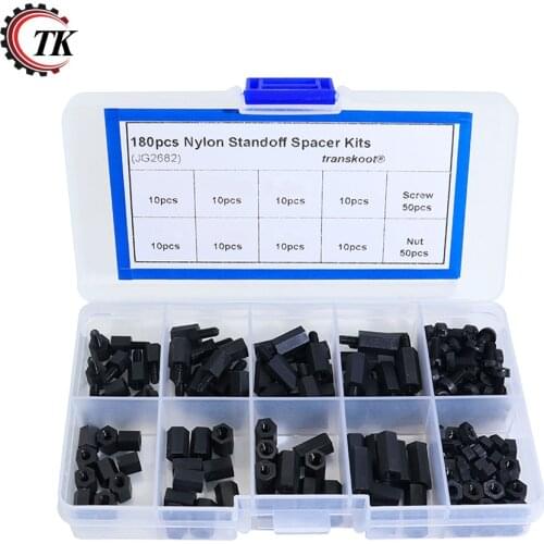 180Pcs M2 M2.5 M3 Kits Black Hex Nylon Standoff Spacer Column Flat Head Double Pass Nylon Plastic Spacing Screws