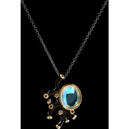 New retro bohemian style colored moon gem 14K black gold coral pendant hollow personality clavicle necklace party jewelry