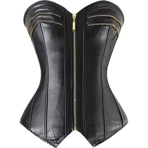 Sexy Women PU Overbust Corset Top Steampunk Gothic Clothes Lingerie Black Bustiers Zipper Leather Body Shaper Waist Trainer