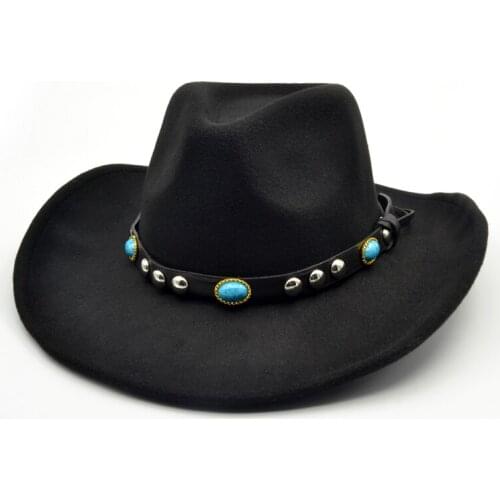 Men Women Flat Brim Wool Felt Vintage Panama Fedora Hats Gem Leather Decoration Fashion Jazz Cap