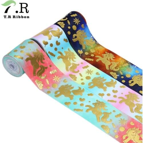 T.R RIBBON 75mm heat transfer ribbon gold unicorns printed grosgrain ribbon for ribbon bows
